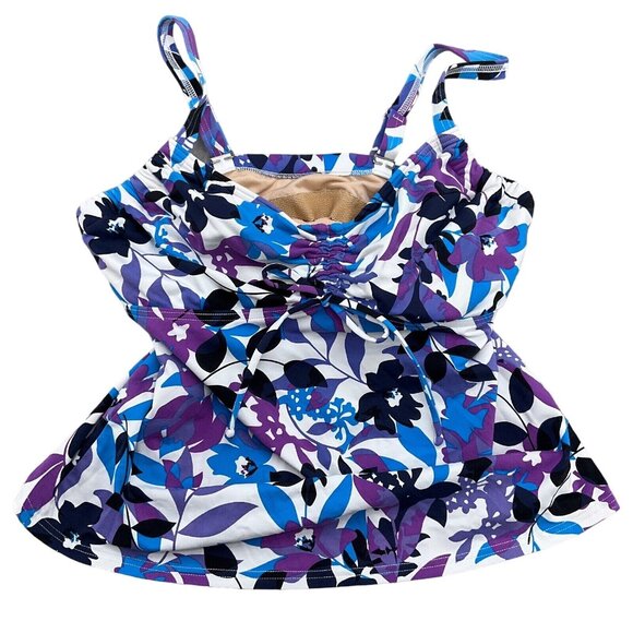 Lands End Tankini Women 6DD Blue Purple Floral Drawstring Bow Bra Swim Top - Picture 1 of 7